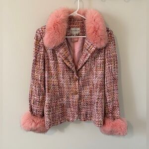 Lily & Taylor Tweed Blazer Women’s Size 10 Pink Brown Plaid Faux Fur Vintage